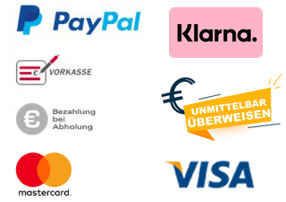 Zahlungsarten Paypal, Klarna, Vorkasse, Unmittelbare Überweisung, Barzahlung bei Abholung, Mastercard, Visa auf weißen Hintegrund Zahlungsarten Paypal, Klarna, Vorkasse, Unmittelbare Überweisung, Barzahlung bei Abholung, Mastercard, Visa auf weißen Hintegrund